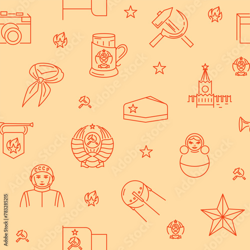 Seamless pattern with Soviet symbols. USSR emblem, hammer and sickle, flag and star. Vector illustration.
