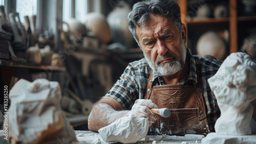 Elderly sculptor working on clay pottery.