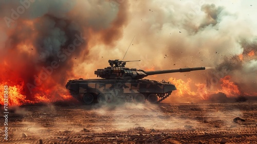 A tank is engulfed in a large fire, blazing fiercely in the midst of a warzone. The intense flames surround the military vehicle as it stands amidst the chaos and destruction.