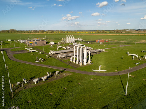 Controversial Gas Field in Groningen: Aerial View of Industrial Pipelines in Farmland