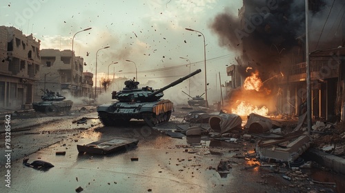 A tank is on fire in the middle of a street  billowing smoke and flames. The scene is chaotic and dangerous  with the military vehicle engulfed in flames.