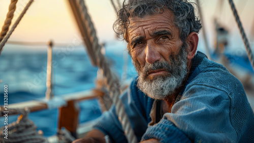 Elderly sailor steering sailboat at sea