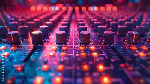 Glowing controls of a sound mixing board in a music studio