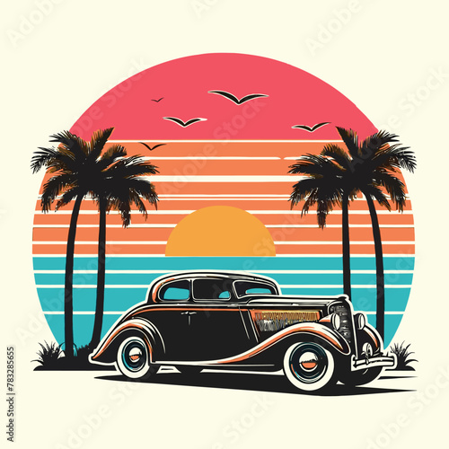 car with sunset and retro-style palm vector t shirt design 