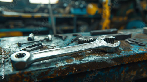 Wrench and tools on workbench.