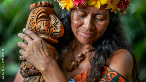 Polynesian woman hugging a carved artifact.