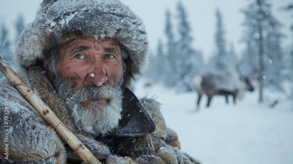 Fototapeta premium An elderly bearded man in snowy landscape with reindeer.