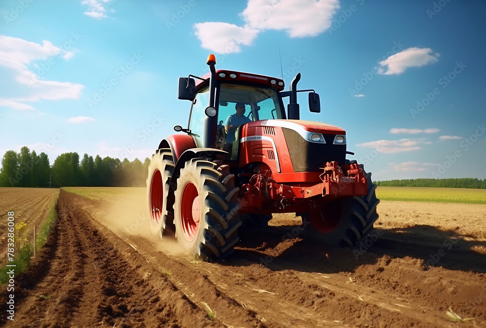 Naklejka premium Tractor plowing field on sunny day