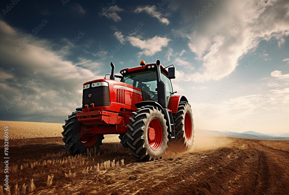 Obraz premium Red tractor driving down dirt road