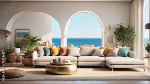 A large white sectional sofa is in a living room with a view of the ocean. The room is decorated with a variety of pillows and plants, creating a cozy and inviting atmosphere