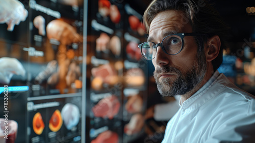 Chef looking at meat selection in fridge