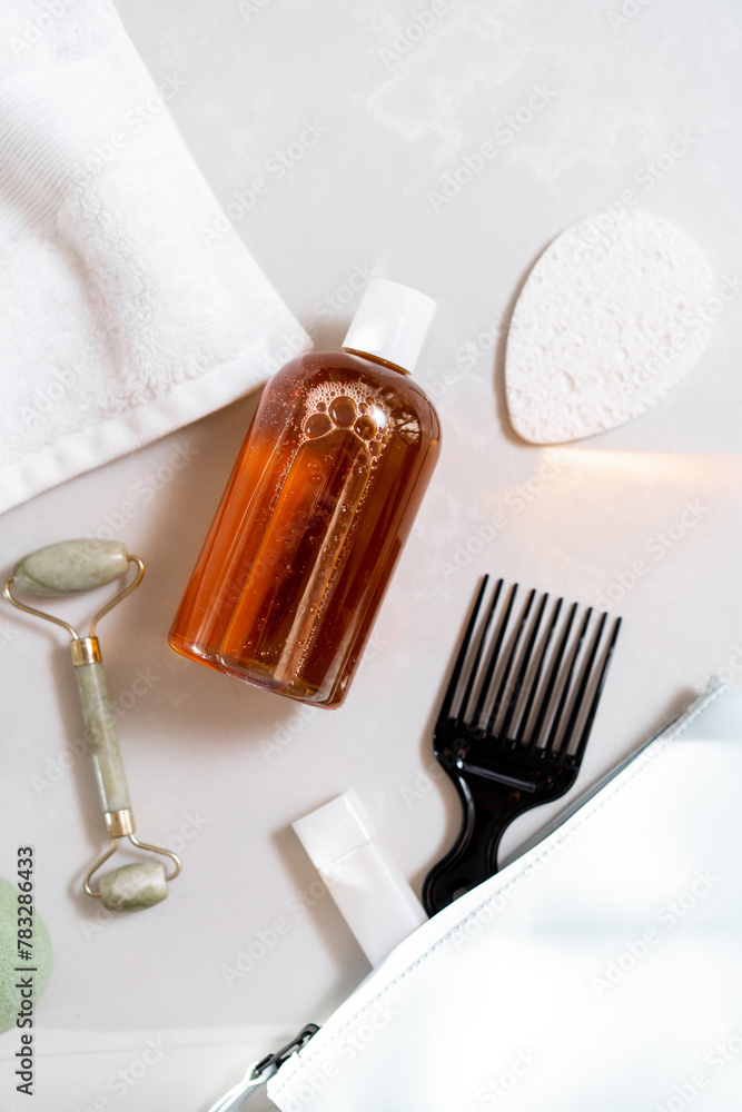 Toiletries on plan background Toiletries on plan background