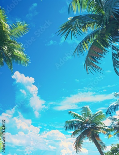 Tropical Paradise, a  blue sky with palm trees, summer tourism poster background  © JH