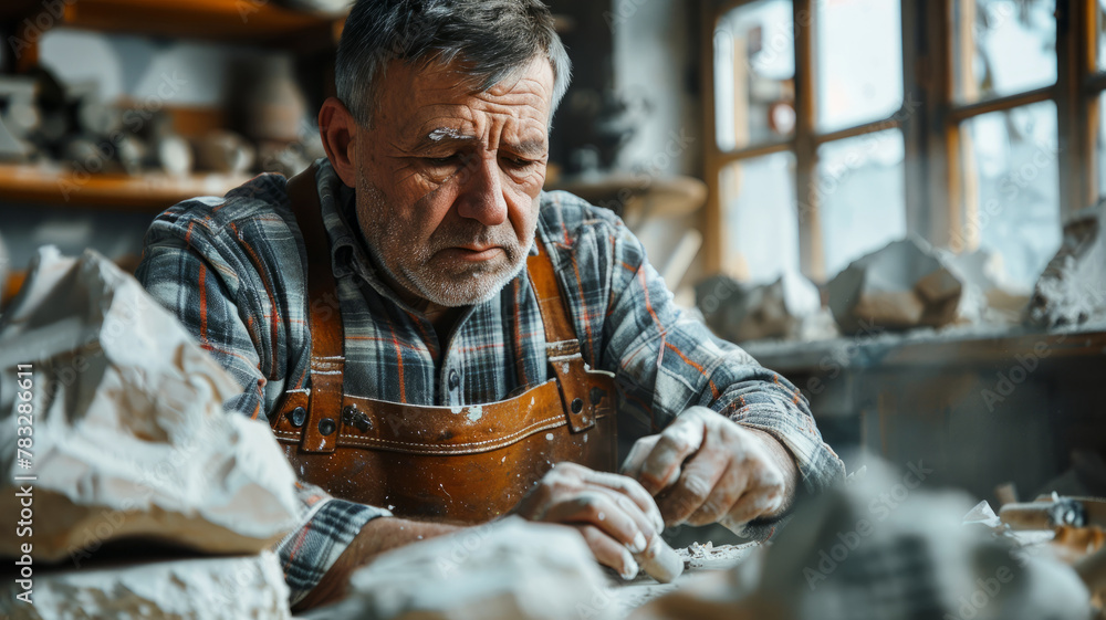 Elderly man sculpting pottery in a workshop.