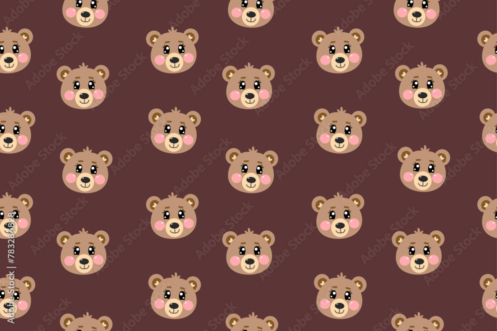 Seamless pattern, wallpaper with kawaii cute head bears, face of bear isolated on brown background