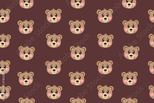 Seamless pattern, wallpaper with kawaii cute head bears, face of bear isolated on brown background