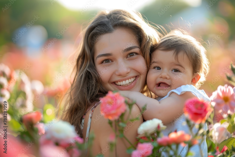 Mother's Day different ethnicities. Young mother and daughter on Mother's Day in roses flowers portrait. Horizontal banking background for ad. Mother's Day different ethnicities. Young mother and daughter on Mother's Day in roses flowers portrait. Horizontal banking background for ad.