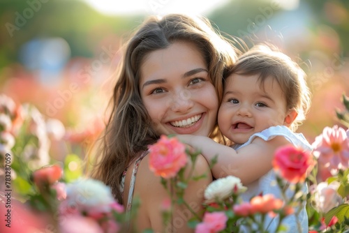 Mother's Day different ethnicities. Young mother and daughter on Mother's Day in roses flowers portrait. Horizontal banking background for ad. 