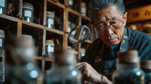 An older man examining jars in an apothecary.