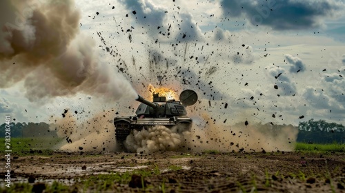 A tank in the midst of a fierce battle is seen with thick smoke billowing out from its exhaust pipes. The intense warfare scenario is evident as the tank seems to be heavily engaged in combat