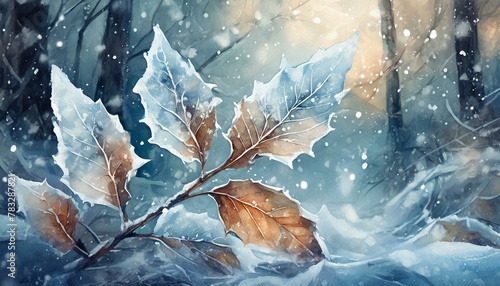 A fantastic background with fallen leaves covered in ice and a beautiful blizzard of snow.