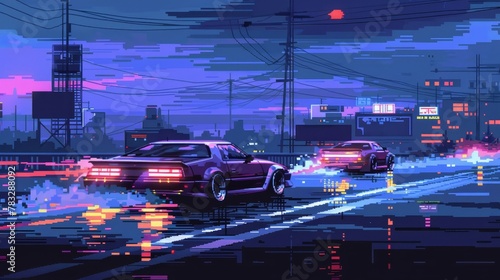 Drag racing cars in a pixelated scene   AI generated illustration photo