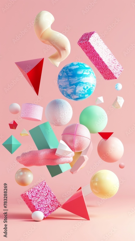 Dynamic 3D renderings of whimsical floating shapes 3D style isolated flying objects memphis style 3D render AI generated illustration Dynamic 3D renderings of whimsical floating shapes 3D style isolated flying objects memphis style 3D render AI generated illustration