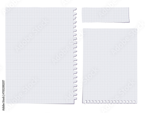 Set of blank checkered notepad sheets. Torn pages. Notes Paper background. Vector