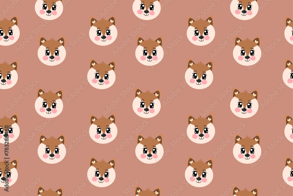 Seamless pattern with flat vector kawaii little cute fox, fox kid boy of face or head for kids, baby, children nursery, fabrics, textile. Vector wallpaper illustration on light brown background