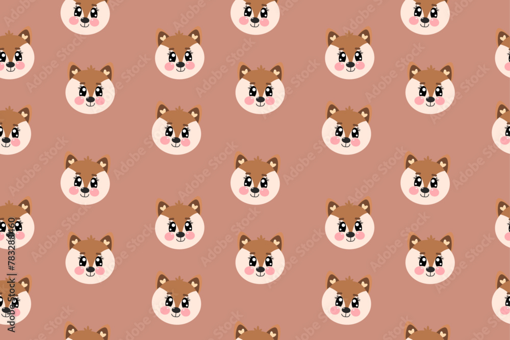 Seamless pattern with flat vector kawaii little cute fox, fox kid boy of face or head for kids, baby, children nursery, fabrics, textile. Vector wallpaper illustration on light brown background Seamless pattern with flat vector kawaii little cute fox, fox kid boy of face or head for kids, baby, children nursery, fabrics, textile. Vector wallpaper illustration on light brown background