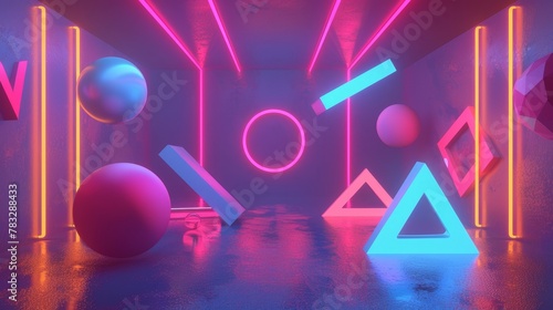 Dynamic shapes floating in a neon-lit void 3D style isolated flying objects memphis style 3D render AI generated illustration