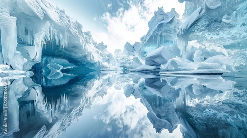 Elaborate ice formations reflecting a kaleidoscope of shades in a watery realm AI generated illustration