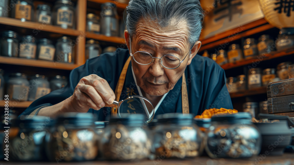 Elderly man examining herbs in shop