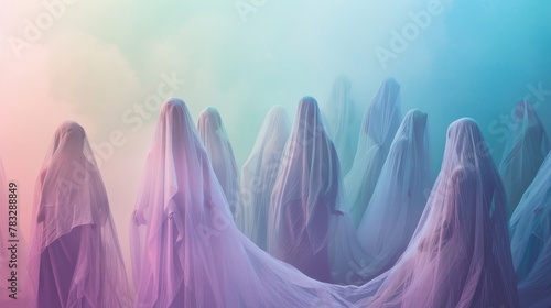 Ethereal beings cloaked in frosty veils drifting through a pastel dreamscape AI generated illustration