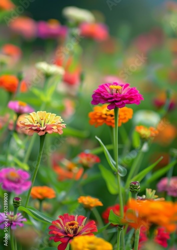  A field of vibrant zinnias in full bloom, with various colors and shapes of the flowers ,symbolizing life's beauty and an atmosphere of celebration