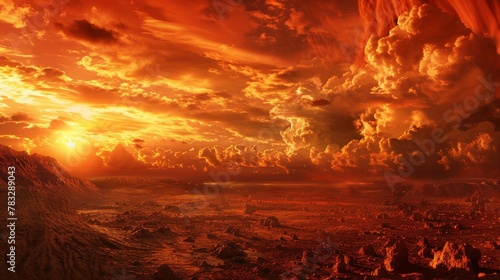 Barren wasteland with a fiery red sky and toxic clouds