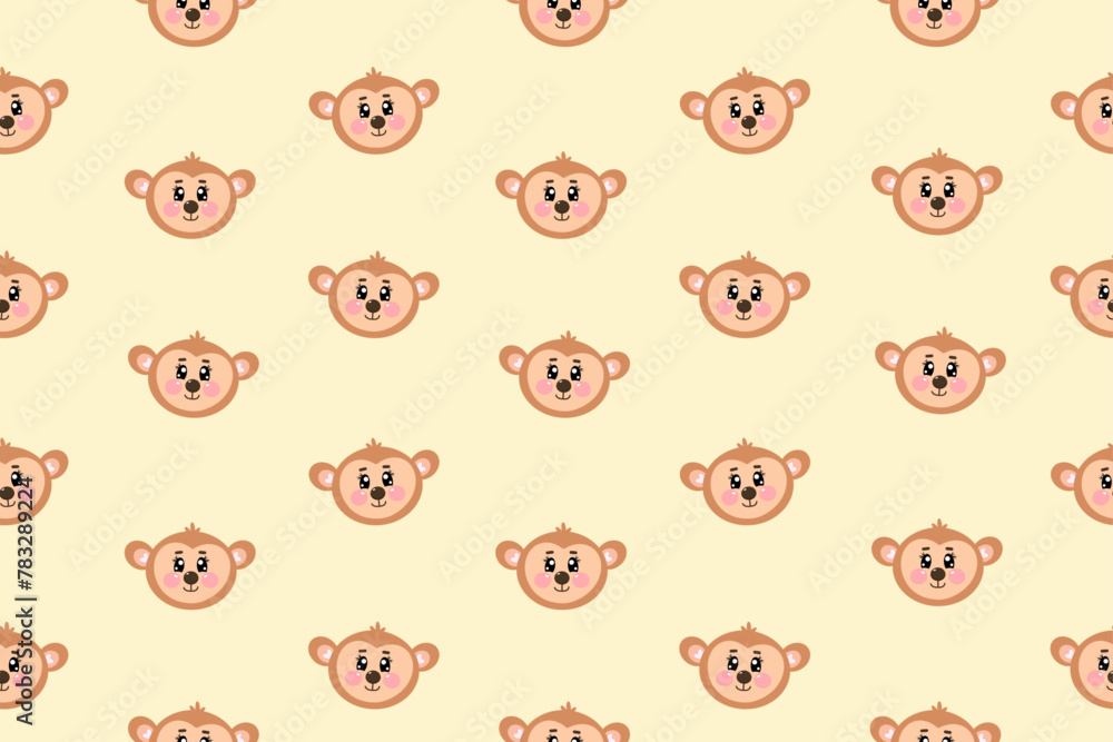 Fototapeta premium Seamless pattern with cute drawing kawaii face, head of monkey for nursery, print or textile for kids. Vector flat illustration for baby, childrens