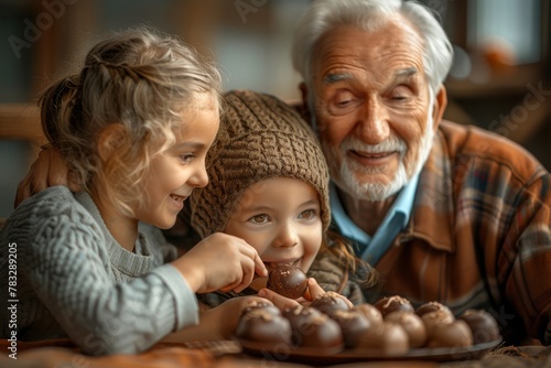 Grandmother and grandchildren on Mother s Day. Grandmom and children on Mother s Day. Old Mother and kid on Mother s Day. Horizontal banking poster background for advertisement