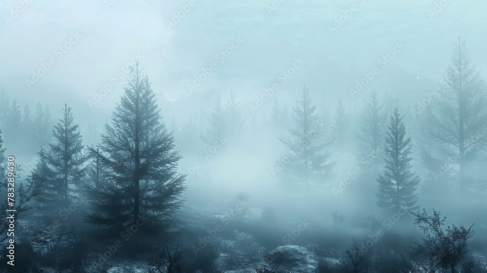Everlasting tranquility of a misty forest shrouded in fog