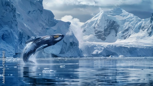 A humpback whale breaches the icy waters, soaring out of the ocean before crashing back down in a spectacular display of strength and grace. © Goinyk