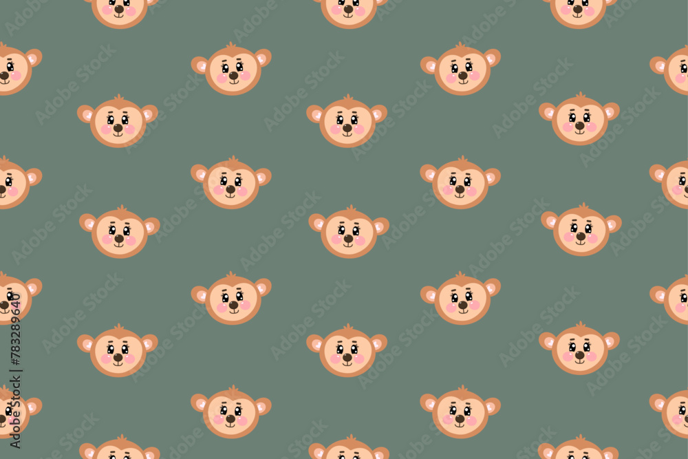 Seamless pattern with cute drawing kawaii face, head of monkey for nursery, print or textile for kids. Vector flat illustration for baby, childrens on green background