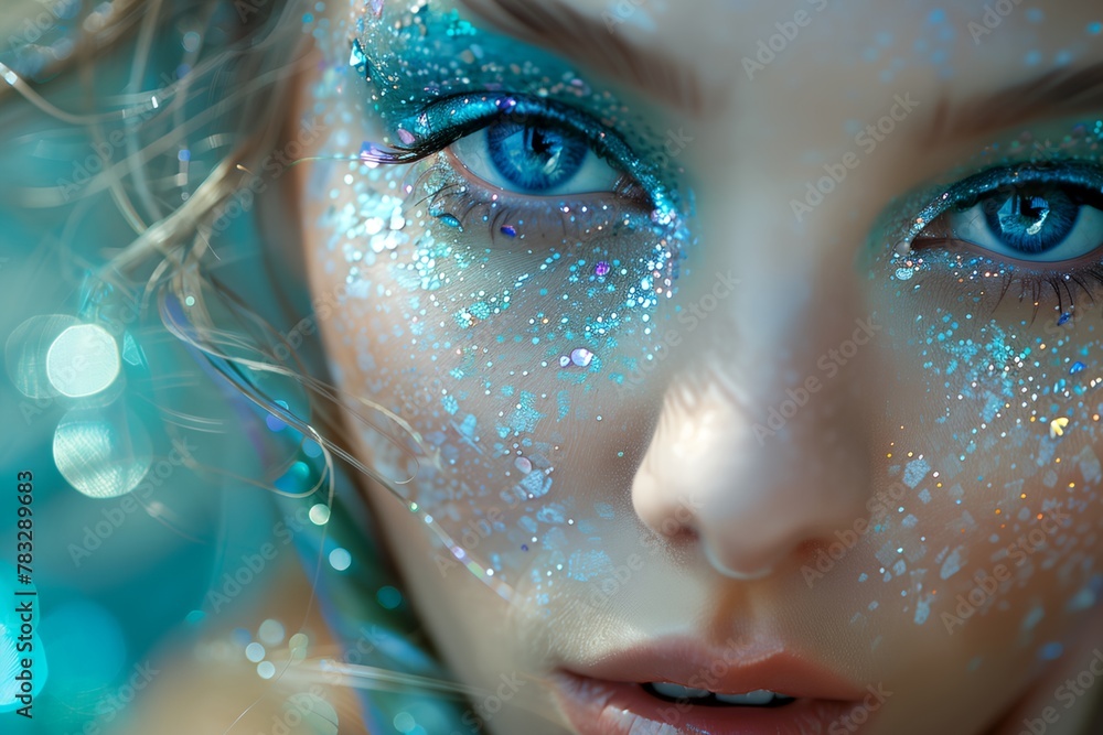 Fantasy makeup with glitter, fairy creature makeup on beautiful woman face