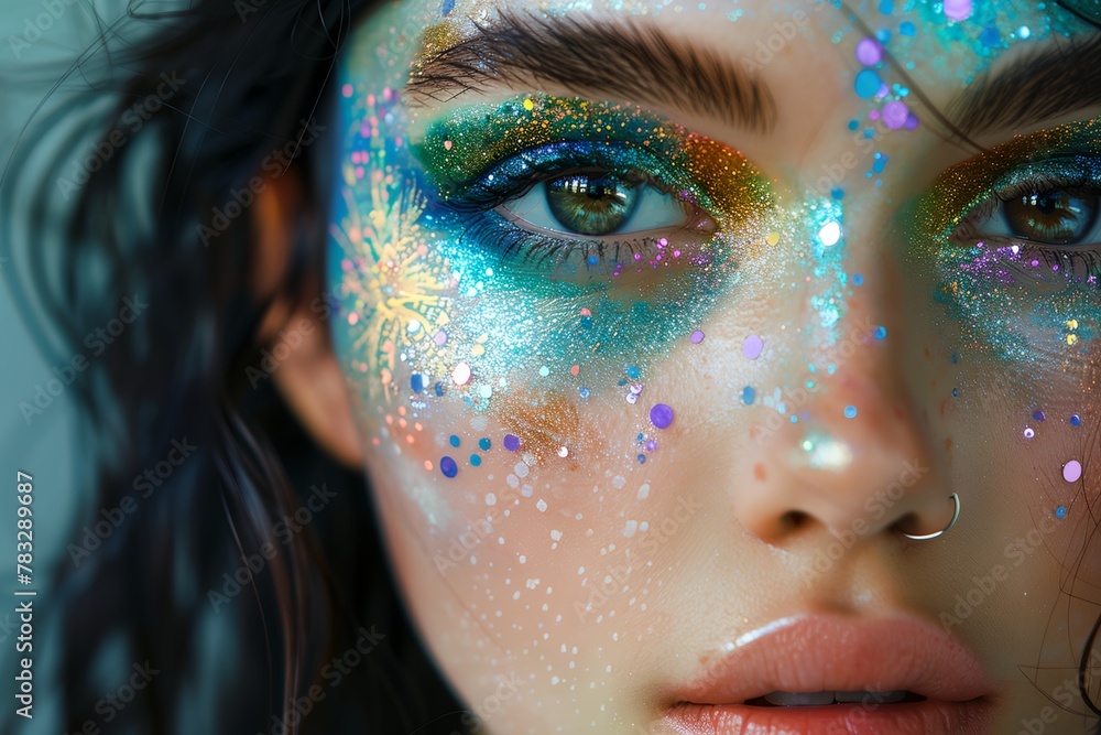 Fantasy makeup with glitter, fairy creature makeup on beautiful woman face Fantasy makeup with glitter, fairy creature makeup on beautiful woman face