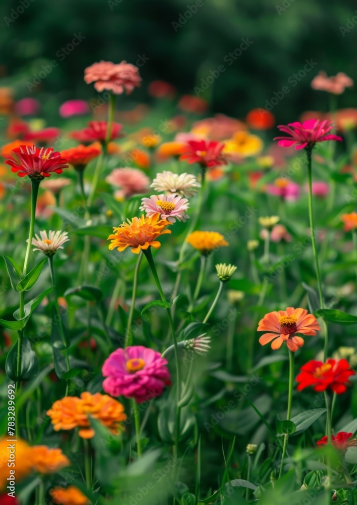  A field of vibrant  zinnias in full bloom, with various colors and shapes of the flowers ,symbolizing life's beauty and  an atmosphere of  celebration