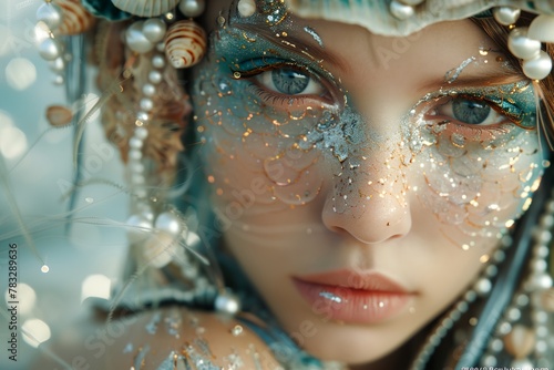 Mermaid makeup, sea themed creative makeup in blue shades, beautiful woman's face