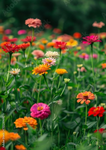  A field of vibrant  zinnias in full bloom, with various colors and shapes of the flowers ,symbolizing life's beauty and  an atmosphere of  celebration © JH