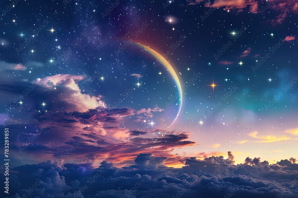 A mystical night sky scene with stars a moon - obrazy, fototapety, plakaty 