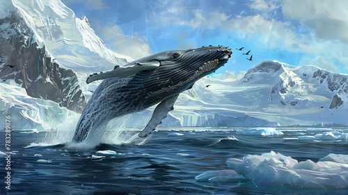 A powerful humpback whale from Antarctica is captured in mid-air as it gracefully leaps out of the water. The massive creatures body is fully exposed, showcasing its majestic size and strength. © Goinyk