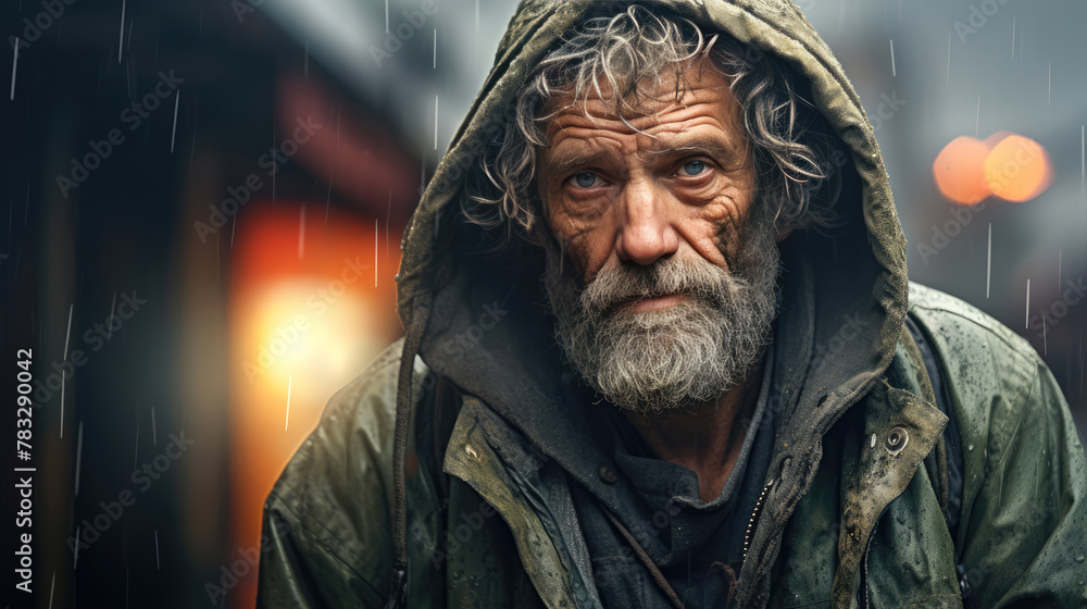 generated illustration portrait of a homeless man with hoodie rainy day generated illustration portrait of a homeless man with hoodie rainy day