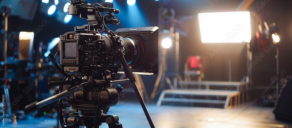 professional Camera film set on the tripod in the modern studio production background professional Camera film set on the tripod in the modern studio production background